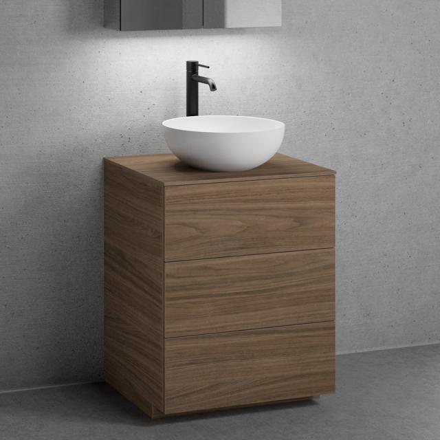 neoro n50 Lavabo à poser, plan de toilette et meuble sous-lavabo avec 3 tiroirs Façade noyer/corps du meuble noyer, plan de toilette noyer