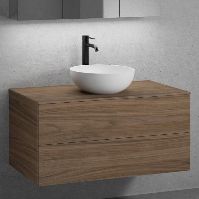 neoro n50 Meuble bas l : 100 cm, 2 tiroirs, lavabo Ø 40 cm blanc mat, meuble bas et plan de toilette noyer