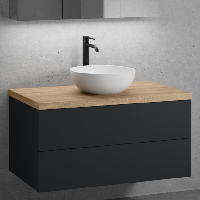 neoro n50 Meuble bas l : 100 cm, 2 tiroirs, lavabo Ø 45 cm blanc mat, meuble bas noir mat, plan de toilette chêne