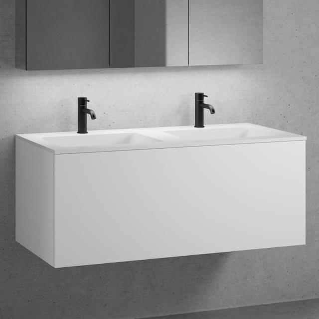 neoro n50 Meuble bas l : 120 cm, 1 tiroir, lavabo double blanc mat avec 2 trous percés, meuble bas blanc mat