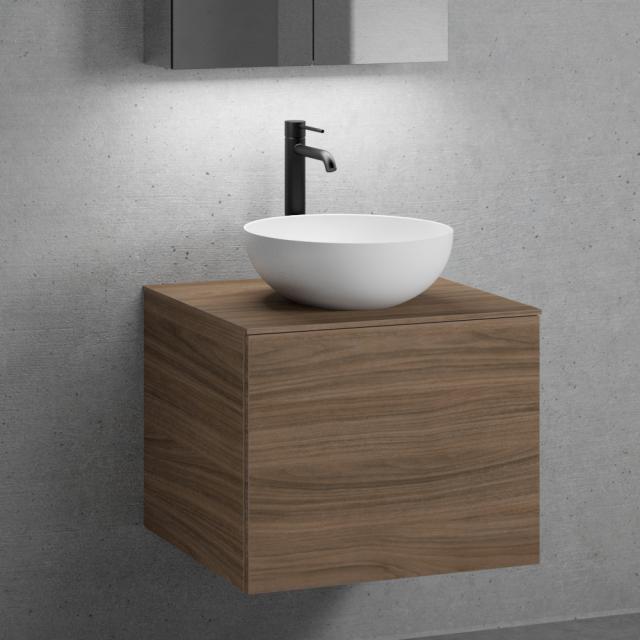 neoro n50 Meuble bas l : 60 cm, 1 tiroir, lavabo Ø 40 cm blanc mat, meuble bas et plan de toilette noyer