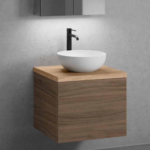neoro n50 Meuble bas l : 60 cm, 1 tiroir, lavabo Ø 40 cm blanc mat, meuble bas noyer, plan de toilette chêne