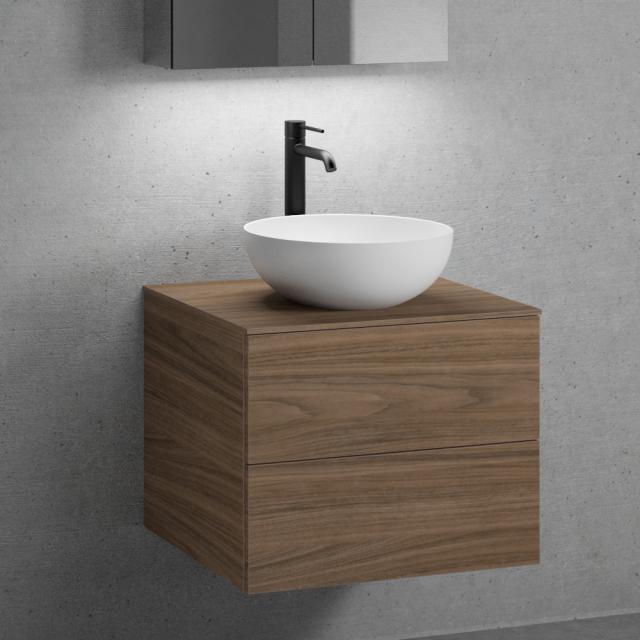 neoro n50 Meuble bas l : 60 cm, 2 tiroirs, lavabo Ø 40 cm blanc mat, meuble bas et plan de toilette noyer
