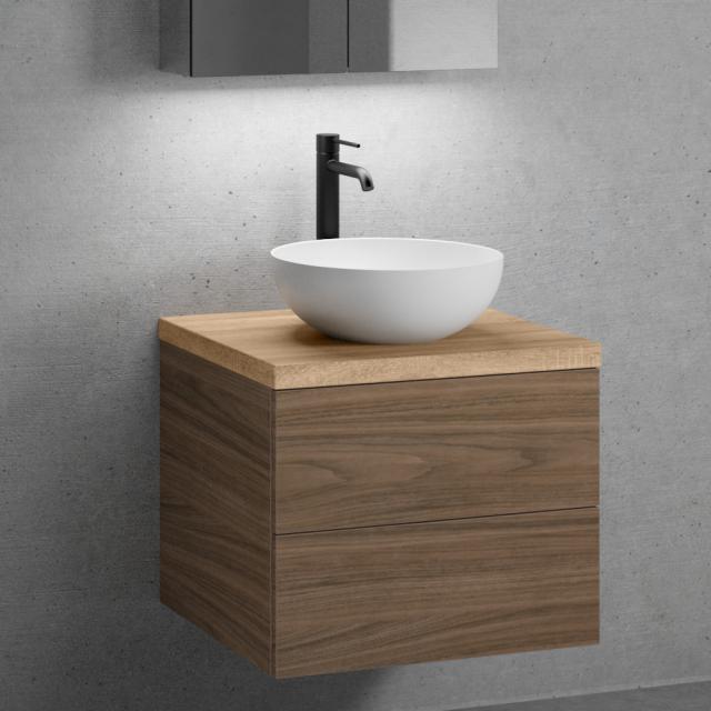 neoro n50 Meuble bas l : 60 cm, 2 tiroirs, lavabo Ø 40 cm blanc mat, meuble bas noyer, plan de toilette chêne