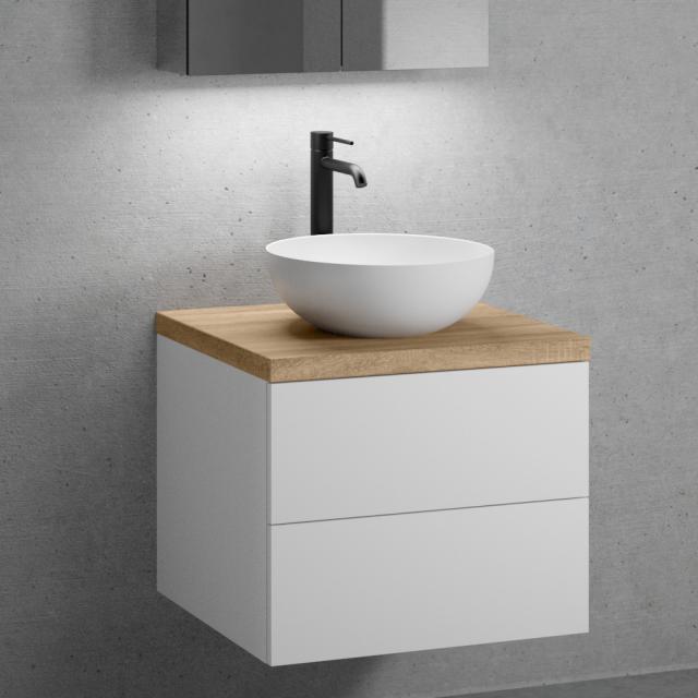 neoro n50 Meuble bas l : 60 cm, 2 tiroirs, lavabo Ø 45 cm blanc mat, meuble bas blanc mat, plan de toilette chêne
