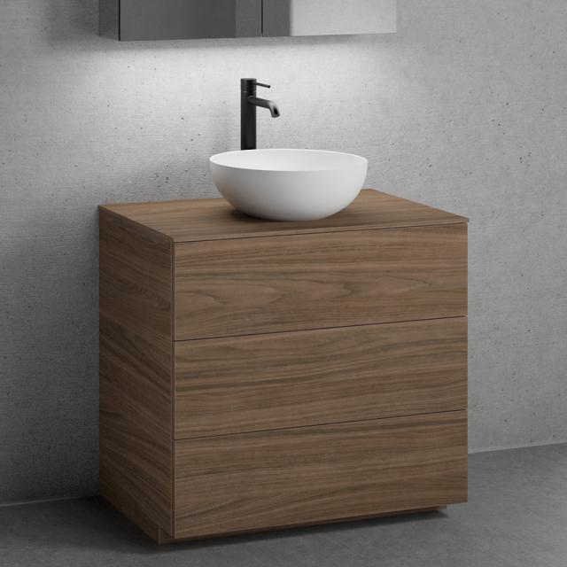 neoro n50 Meuble bas l : 80 cm, 3 tiroirs, lavabo Ø 40 cm blanc mat, meuble bas et plan de toilette noyer