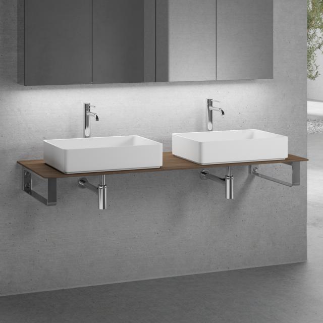 neoro n50 slim countertop W: 160 cm with 2 washbasins W: 58 cm matt white, countertop walnut, countertop brackets chrome
