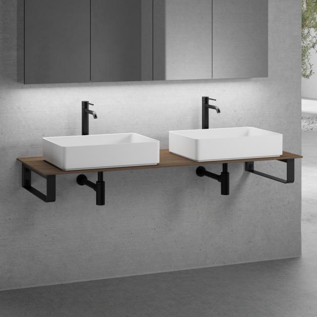 neoro n50 slim countertop W: 160 cm with 2 washbasins W: 58 cm matt white, countertop walnut, countertop brackets matt black