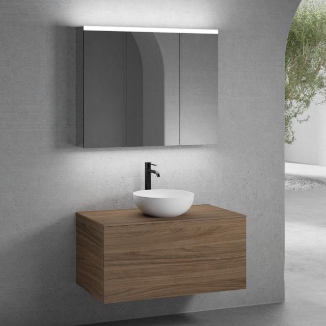 neoro n50 vanity unit W: 100 cm with 1 pull-out compartment, washbasin Ø 40 cm matt white, with mirror cabinet, vanity unit and countertop walnut