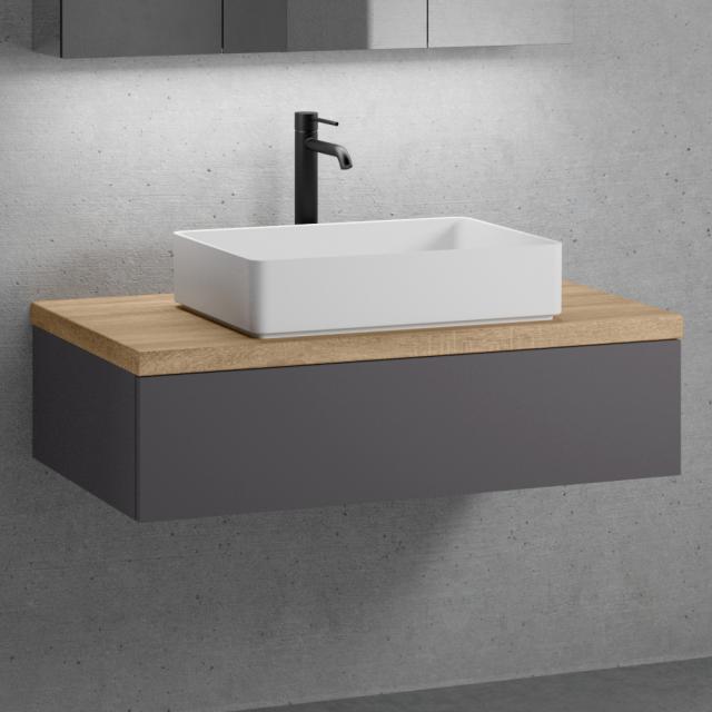 neoro n50 vanity unit W: 100 cm with 1 pull-out compartment, washbasin W: 58 cm matt white, vanity unit matt graphite, countertop oak