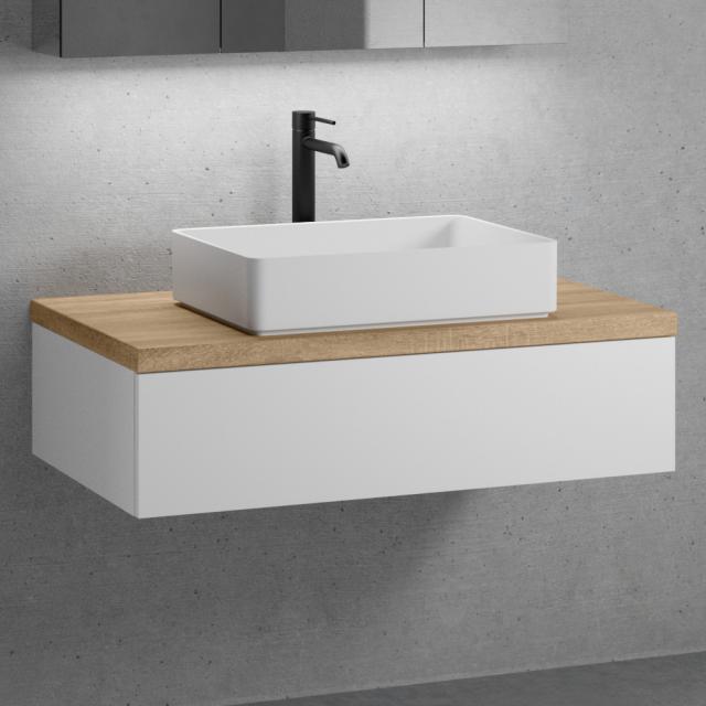 neoro n50 vanity unit W: 100 cm with 1 pull-out compartment, washbasin W: 58 cm matt white, vanity unit matt white, countertop oak
