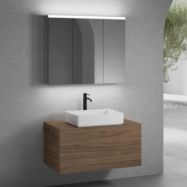 neoro n50 vanity unit W: 100 cm with 1 pull-out compartment, washbasin W: 58 cm matt white, with mirror cabinet, vanity unit and countertop walnut