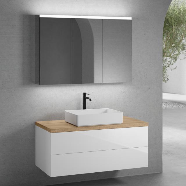 neoro n50 vanity unit W: 120 cm with 2 pull-out compartments, washbasin W: 58 cm matt white, with mirror cabinet, vanity unit white high gloss, countertop oak