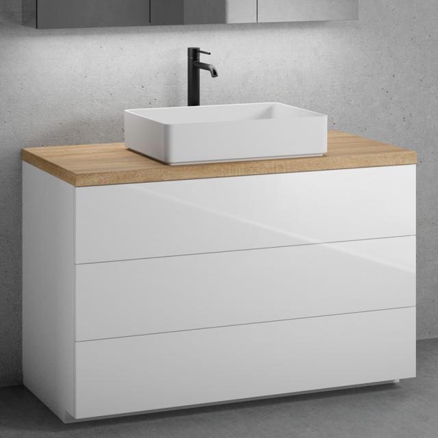 neoro n50 vanity unit W: 120 cm with 3 pull-out compartments, washbasin W: 58 cm matt white, vanity unit white high gloss, countertop oak
