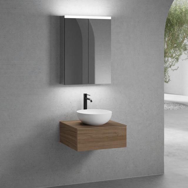 neoro n50 vanity unit W: 60 cm with 1 pull-out compartment, washbasin Ø 40 cm matt white, with mirror cabinet, vanity unit and countertop walnut