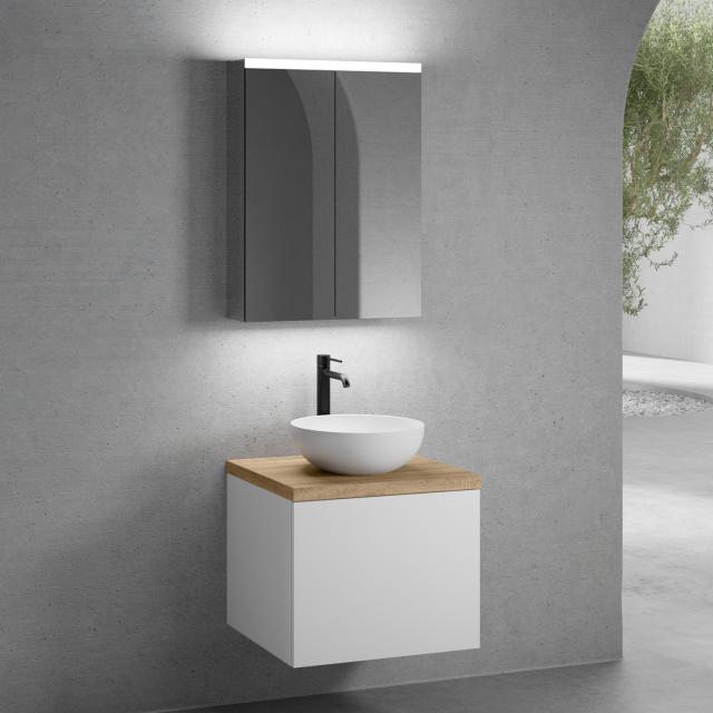 neoro n50 vanity unit W: 60 cm with 1 pull-out compartment, washbasin Ø 45 cm matt white, with mirror cabinet, vanity unit matt white, countertop oak