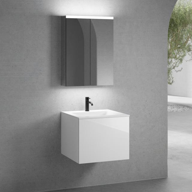neoro n50 vanity unit W: 60 cm with 1 pull-out compartment, washbasin with 1 tap hole white, with mirror cabinet, vanity unit white high gloss