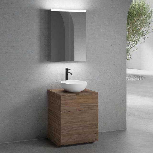 neoro n50 vanity unit W: 60 cm with 2 pull-out compartments, washbasin Ø 40 cm matt white, with mirror cabinet, vanity unit and countertop walnut