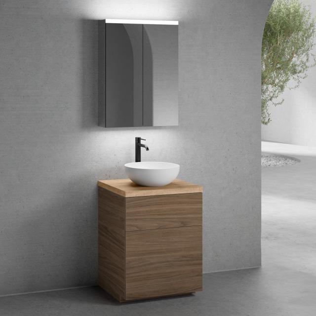 neoro n50 vanity unit W: 60 cm with 2 pull-out compartments, washbasin Ø 40 cm matt white, with mirror cabinet, vanity unit walnut, countertop oak