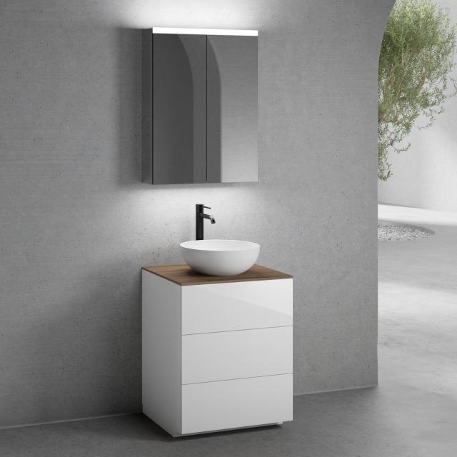 neoro n50 vanity unit W: 60 cm with 3 pull-out compartments, washbasin Ø 40 cm matt white, with mirror cabinet, vanity unit white high gloss, countertop walnut