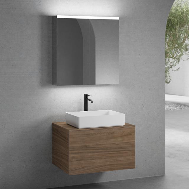 neoro n50 vanity unit W: 80 cm with 1 pull-out compartment, washbasin W: 58 cm matt white, with mirror cabinet, vanity unit and countertop walnut