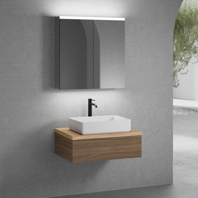 neoro n50 vanity unit W: 80 cm with 1 pull-out compartment, washbasin W: 58 cm matt white, with mirror cabinet, vanity unit walnut, countertop oak