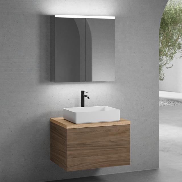 neoro n50 vanity unit W: 80 cm with 1 pull-out compartment, washbasin W: 58 cm matt white, with mirror cabinet, vanity unit walnut, countertop oak