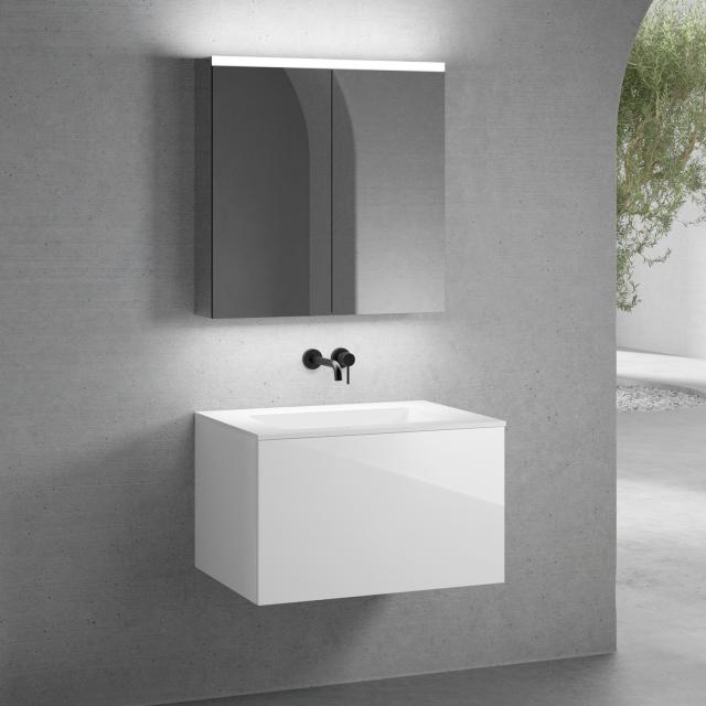 neoro n50 vanity unit W: 80 cm with 1 pull-out compartment, washbasin without tap hole white, with mirror cabinet, vanity unit white high gloss