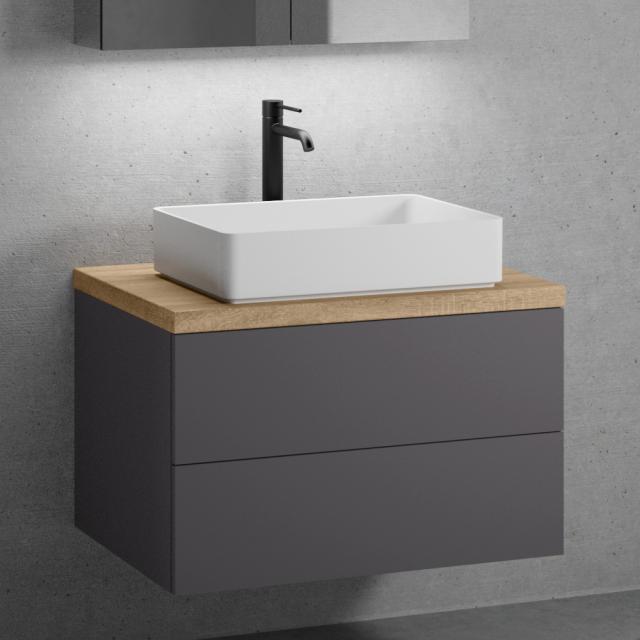 neoro n50 vanity unit W: 80 cm with 2 pull-out compartments, washbasin W: 58 cm matt white, vanity unit matt graphite, countertop oak