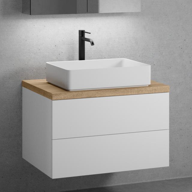 neoro n50 vanity unit W: 80 cm with 2 pull-out compartments, washbasin W: 58 cm matt white, vanity unit matt white, countertop oak