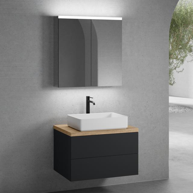 neoro n50 vanity unit W: 80 cm with 2 pull-out compartments, washbasin W: 58 cm matt white, with mirror cabinet, vanity unit matt black, countertop oak