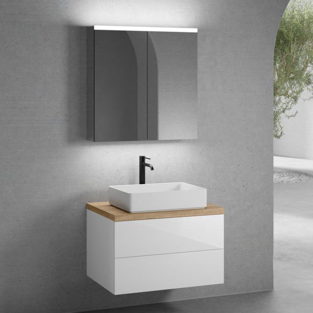 neoro n50 vanity unit W: 80 cm with 2 pull-out compartments, washbasin W: 58 cm matt white, with mirror cabinet, vanity unit white high gloss, countertop oak