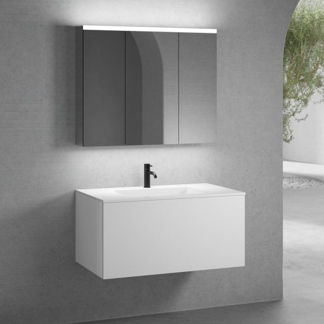 neoro n50 washbasin with vanity unit and LED mirror cabinet front matt white/mirrored / corpus matt white/mirrored, WB white, with 1 tap hole