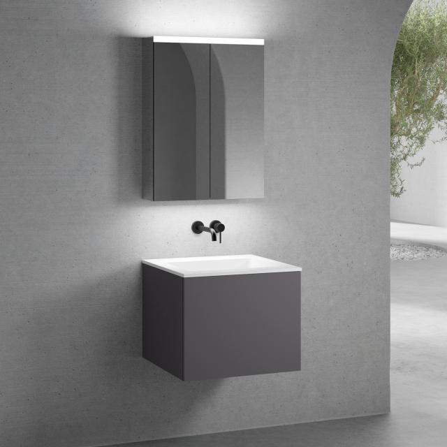 neoro n50 washbasin with vanity unit and LED mirror cabinet front matt graphite/mirrored / corpus matt graphite/mirrored, WB white, without tap hole