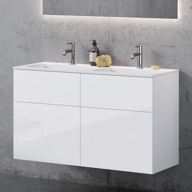 neoro n50T46 Meuble bas l : 120, 4 tiroirs, lavabo double angulaire blanc mat, meuble bas blanc ultra brillant