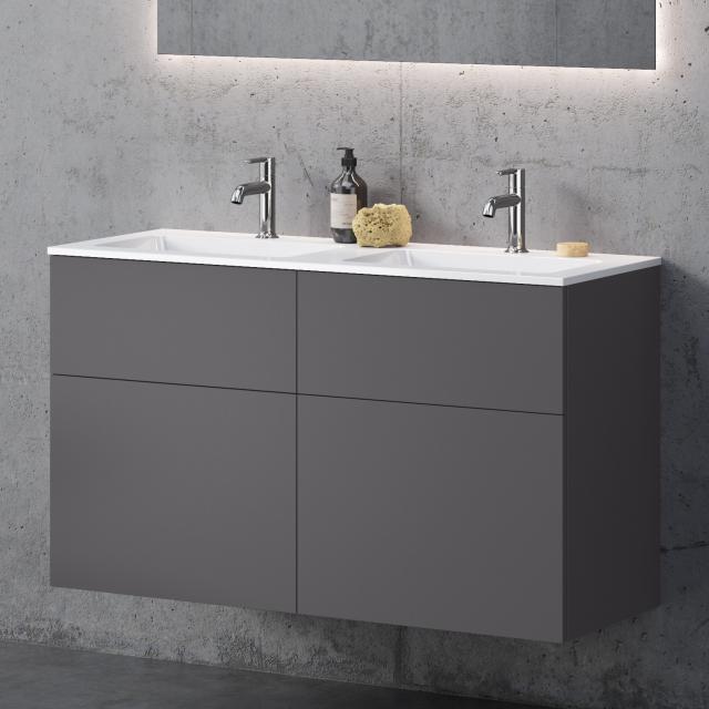 neoro n50T46 Meuble bas l : 120, 4 tiroirs, lavabo double angulaire blanc, meuble bas graphite mat