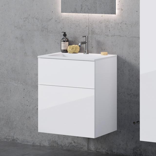 neoro n50T46 Meuble bas l : 60 cm, 2 tiroirs, lavabo angulaire blanc mat, meuble bas blanc ultra brillant