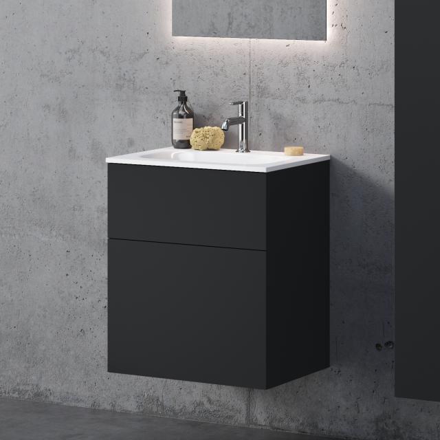 neoro n50T46 Meuble bas l : 60 cm, 2 tiroirs, lavabo softcube blanc, meuble bas noir mat