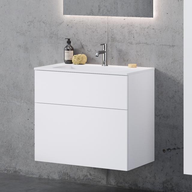 neoro n50T46 Meuble bas l : 80 cm, 2 tiroirs, lavabo angulaire blanc mat, meuble bas blanc mat