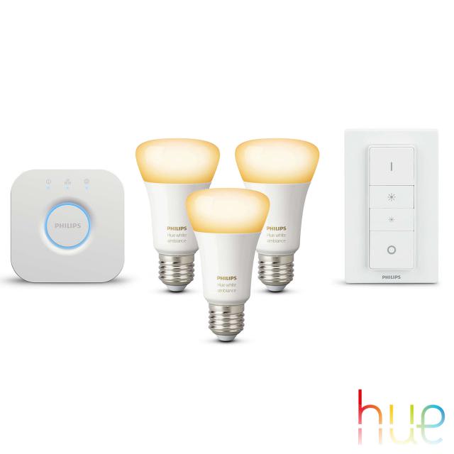 PHILIPS Hue White Ambiance starter set of 3 with bridge and dimmer switch, E27, 9.5 Watt