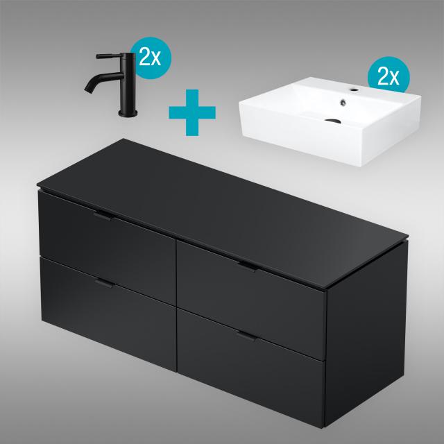 PREMIUM 100 2 countertop washbasins with vanity units and basin mixers silk matt black, mixer matt black