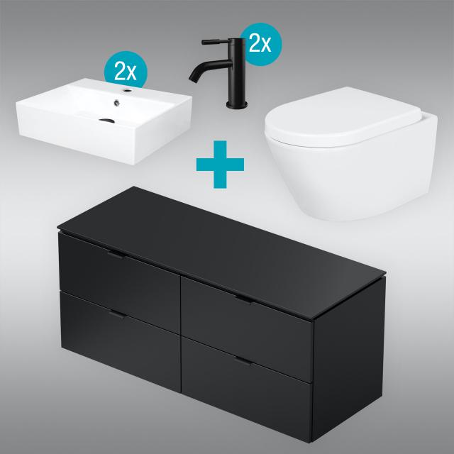 PREMIUM 100 2 countertop washbasins with vanity units, basin mixers and wall-mounted rimless toilet with toilet seat silk matt black, mixer matt black