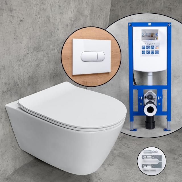 Premium 100 complete SET wall-mounted toilet with neeos pre-wall element, flush plate with oval button in white