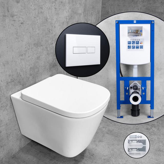 Premium 100 complete SET wall-mounted toilet with neeos pre-wall element, flush plate with rectangular button in white