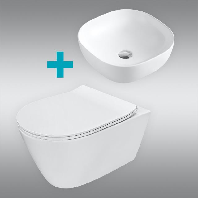 PREMIUM 100 countertop washbasin and wall-mounted toilet, rimless, with toilet seat