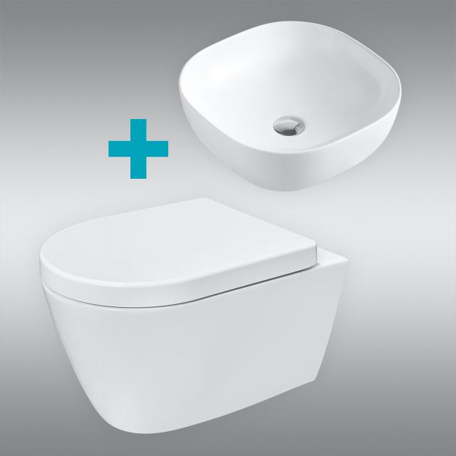 PREMIUM 100 countertop washbasin and wall-mounted toilet, rimless, with toilet seat