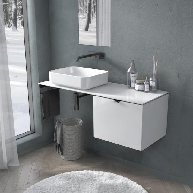 PREMIUM 100 Plan de toilette avec meuble bas et 1 tiroir Façade blanc ultra brillant/corps du meuble blanc ultra brillant, poignée chromée