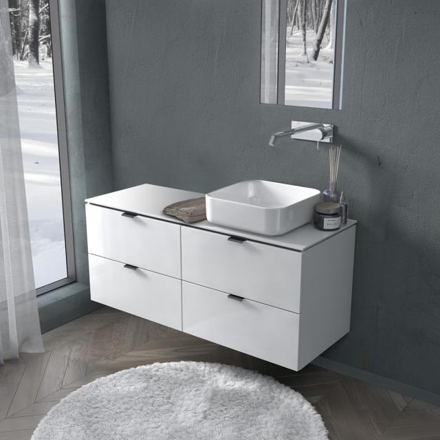 PREMIUM 100 Plan de toilette avec meuble sous-lavabo et 4 tiroirs Façade blanc ultra brillant/corps du meuble blanc ultra brillant, poignée noir mat