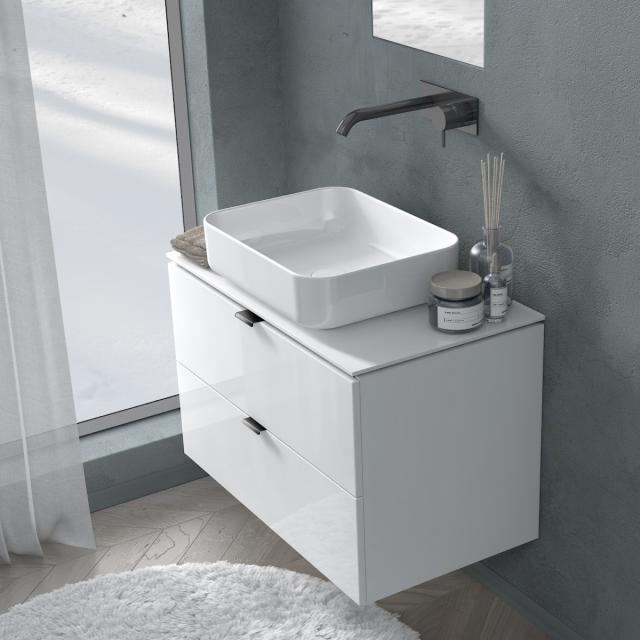 PREMIUM 100 Plan de toilette avec meuble sous-lavabo et 2 tiroirs Façade blanc ultra brillant/corps du meuble blanc ultra brillant, poignée chromée
