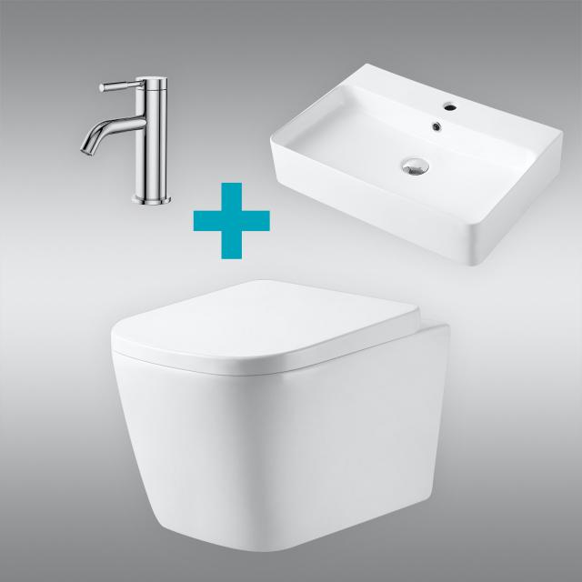 PREMIUM 100 washbasin with basin fitting, wall-mounted toilet, rimless, with toilet seat chrome fitting